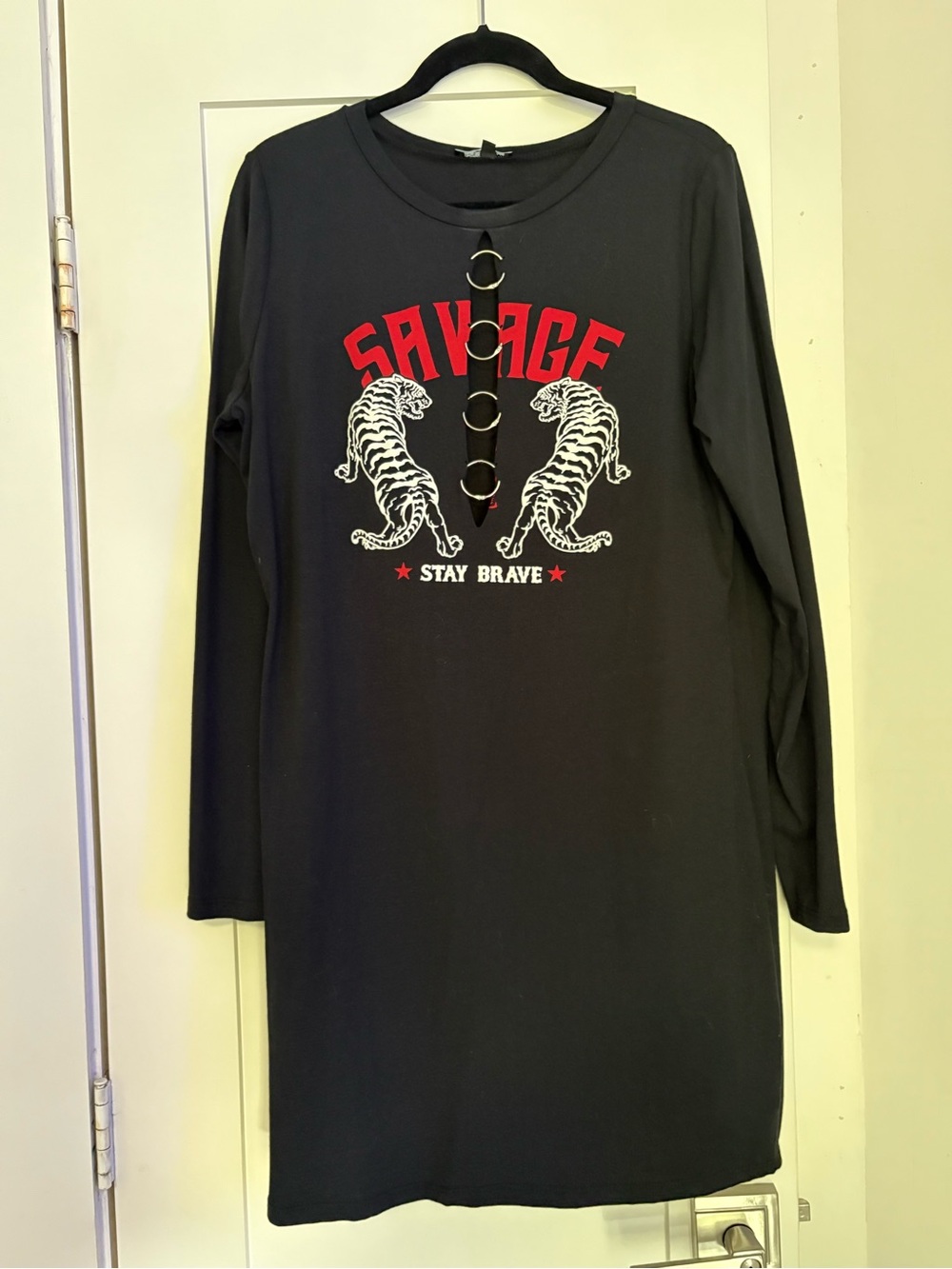 Fashion Nova Black Savage Graphic Mini Dress with Red and White Detail